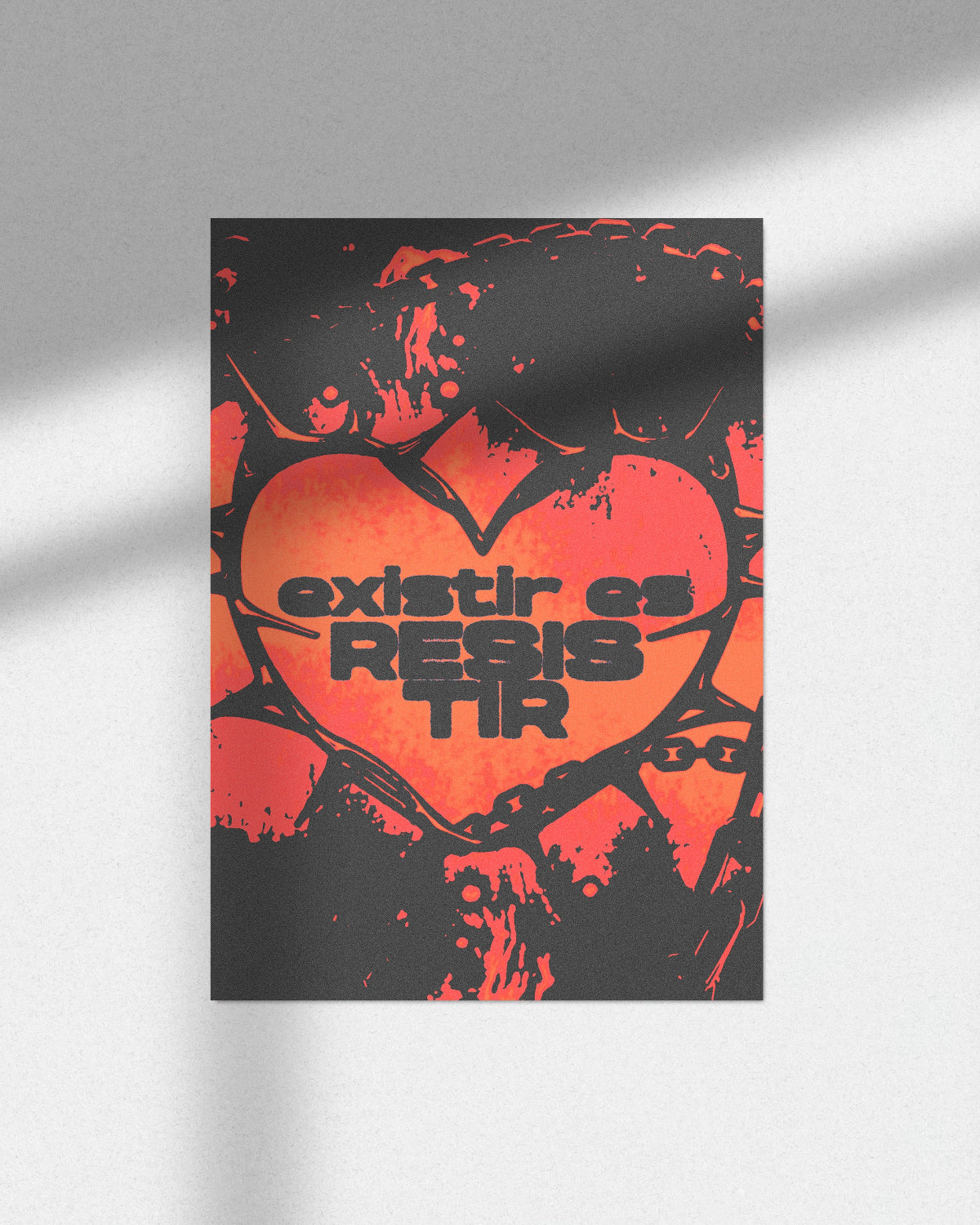 A vertical poster featuring a red heart and the text 'existir es RESIS TIR' in black, displayed on a light gray wall with soft window shadows.